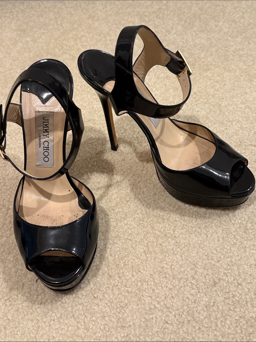 Jimmy Choo Black Patent Peep-Toe Platform Sandals with Ankle Strap